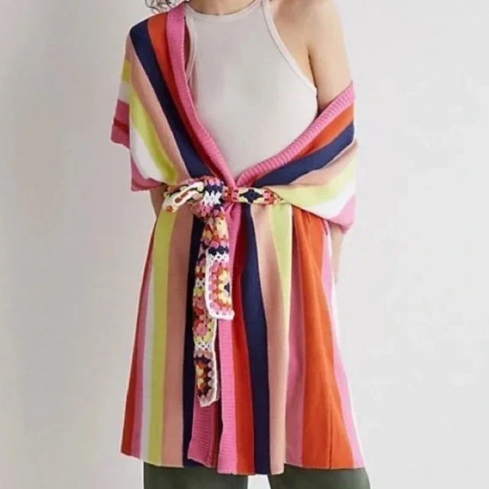 Anthropologie Kimono Colorful Striped Knit Belted Sweater One Size - Picture 12 of 13
